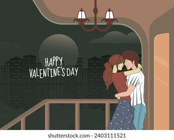 Romantic Young Couple Character Hugging in Balcony of the House with Evening City View for Happy Valentine's Day Concept.