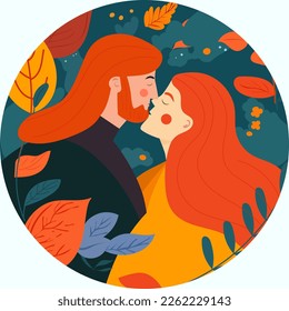 Romantic Young Couple Character Kissing On Nature Background. Valentine's Day Concept.