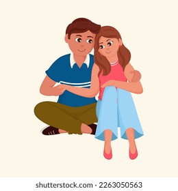 Romantic Young Couple Character Sitting Together On Beige Background.
