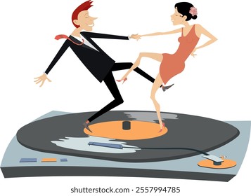 Romantic young couple dancing on the long play record. Happy young man and woman dancing on the long play record. Isolated on white background