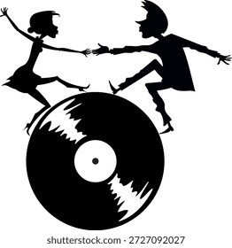 Romantic young couple dancing on the long play record. Happy young man and woman dancing on the long play record. Black and white illustration