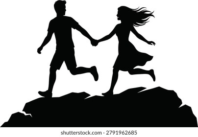 Romantic young couple holding hands and running together on rocky cliff mountain top black silhouette icon isolated on plain white background for love adventure design templates