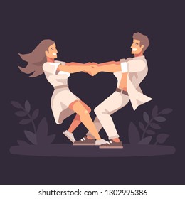 Romantic young couple holing hands and spinning around, forming a heart shape on a dark background
