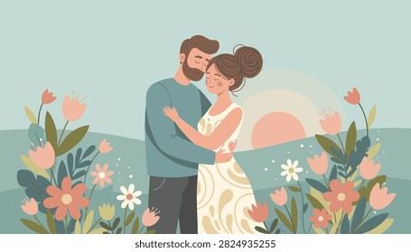 Romantic young couple hugging in a field of blooming wildflowers at sunset, hand drawn vector illustration.