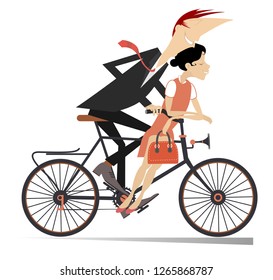Romantic young couple rides on the bike isolated illustration. Smiling man and woman ride together on the bike and look happy isolated on white illustration
