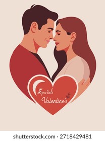 Pareja joven romántica sentada dentro de una caja de regalo gigante en forma de corazón, celebrando el Día de San Valentín con alegría y amor en un estilo de Vector plano.