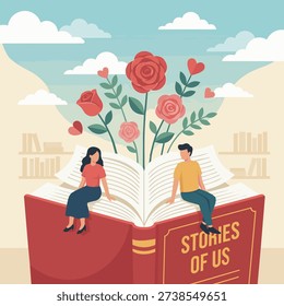 Romantic young couple sitting on a giant open book titled Stories of Us with blooming roses illustration