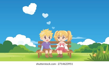 Pareja joven romántica sentada y hablando en sillas en un parque público bajo la nube en forma de corazón. Chico y Chica felices conversando felizmente en amor. Vector Paisaje con Espacio para texto.