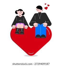 Casal jovem romântico sentado junto em um coração vermelho gigante com sorrisos