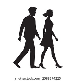 Romantic Young Couple walking silhouette vector illustration.  Man and woman in love, Valentine's day, Wedding.
