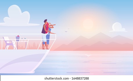 Romántica pareja de jóvenes que admiran la puesta de sol durante las citas en yate. Hombre y mujer disfrutando del tiempo libre de vacaciones en barco en el mar, viaje de vacaciones cruceros, ilustración vectorial de dibujos animados.