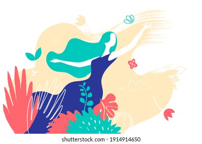 Romantic young girl surrounded by leaves and plants in the floral world