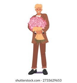 Romantic young guy standing with flower gift in hands isolated on white background. Happy male cartoon character presenting a floral bouquet for date, holiday or surprise vector illustration