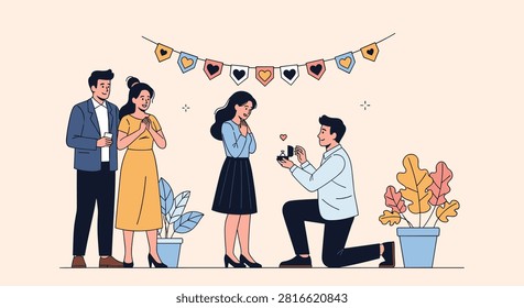 Romantic young man kneeling down and presenting an engagement ring to his surprised girlfriend in front of friends.