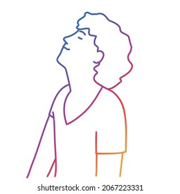 Joven romántico mirando hacia arriba. Color arcoiris. Esbozar ilustración vectorial.