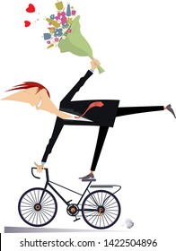 Romantic young man rides on the bike isolated illustration. Smiling man bunch of flowers rides on the bike and looks happy isolated on white illustration
