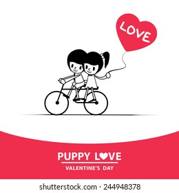 Romantic, young man riding a bicycle ride pillion girlfriend holding heart shaped balloons.