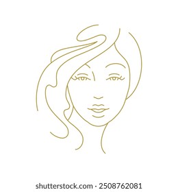 Romantic young woman hair face minimal portrait golden line art icon vector illustration. Elegant female silhouette makeup beauty salon insignia premium logo outline print for t shirt card