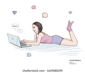 Romantic young woman lying and chatting online in laptop. Hand drawn sketch illustration. Distance dating concept