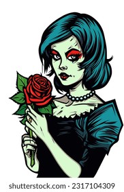 romantic zombie girl holding flower illustration