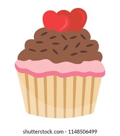 Romantically designed cupcake with the strawberry and chocolate creams having heats on top, anniversary cupcake 
