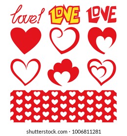 Romantically set of hearts, inscriptions and pattern. Vector. Design elements for Valentine's Day.
