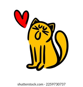 Romantick hand drawn doodle cat send you a heart with love. Vector pet illustration in cute art line style.