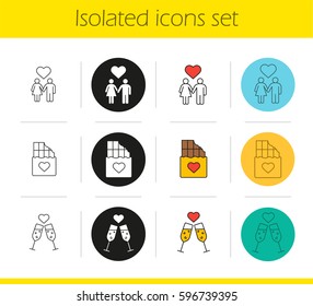 Romantics icons set. Linear, black and color styles. Couple in love, chocolate bar, romantic date with champagne glasses. Isolated vector illustrations