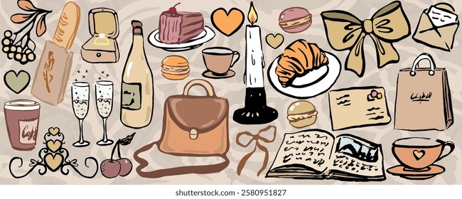 Romantik banner hand draw elements of pastries, fruits, cake, bottle and glasses, envelopes, bags, cups, coffee, bread, book, flowers, ring, bows, macaroons. Vector, isolated, brush strokes.