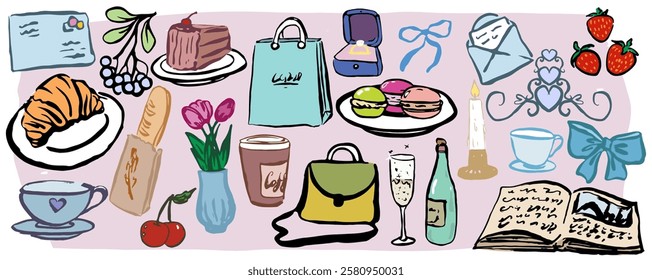 Romantik colorful banner hand draw elements of pastries, fruits, cake, bottle and glasses, envelopes, bags, cups, coffee, bread, book, flowers, ring, bows, macaroons. Vector, isolated, brush strokes.