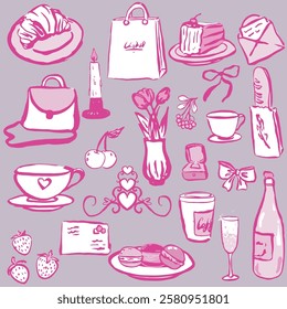 Romantik hand draw elements of pastries, fruits, cake, bottle and glasses, envelopes, bags, cups, coffee, bread, pink, white, flowers, ring, bows, macaroons. Vector, isolated, brush strokes.