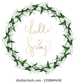 romantis circle frame with snowdrop flowers and hello spring handwritten lettering vector isolated