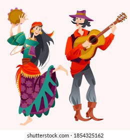 Romany dance. Roma gypsy girl dancing with a tambourine, Gypsy man playing guitar. Vector illustration