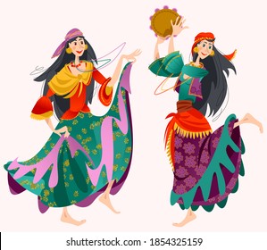 Romany dance. Two roma gypsy girls dancing. Traditional dance. Vector illustration