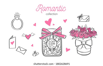 Romatic vector hand drawn illustration.  Wedding, Valentines day concept. Isolated on white