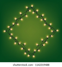 Romb frame from glowing garland, decorative light garland, square place for text with shining lamps, lighting bounding box and border, vector