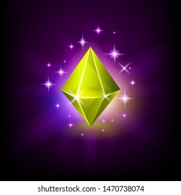 Romboid yellow shining gemstone with magical glow and stars on dark background vector illustration