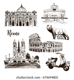 Rome architectural symbols: Coliseum, St. Peter Cathedral, Castel Sant'Angelo wolf, romulus, Piazza di Spagna, scooter. vector sketch illustration. For prints, textile, advertising, City panorama
