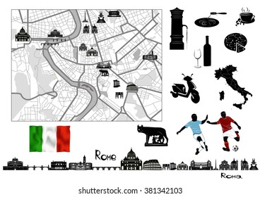 Rome. Black-and-white map and hallmarks, italian flag and symbols of Rome