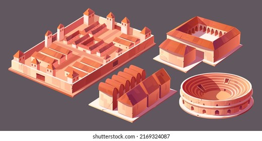 Rome Buildings Isometric Vector Icons Set. Castra Or Castrum, Antique Military Camp For Legions, Taberna Or Ancient Shop Or Stall, Old City Landmark, Architecture Monuments Isolated On Background