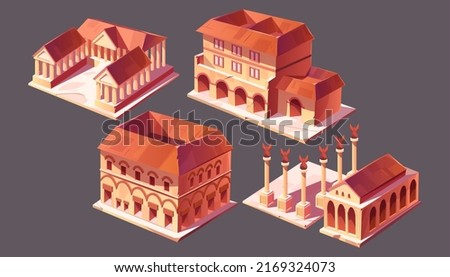 Rome buildings isometric vector icons set. Capitol temple and basilica with square, roman forum, taberna shop or stall and insula, italian city landmark, ancient architecture monuments isolated on