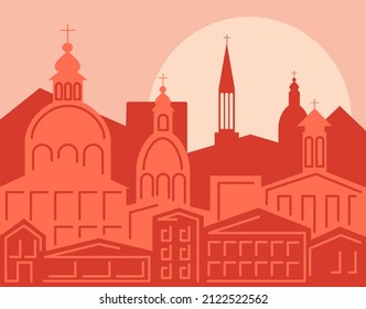 Rome is the capital of Italy. Sunset old town city cityscape. European architecture silhouette opposite the sun. Flat style