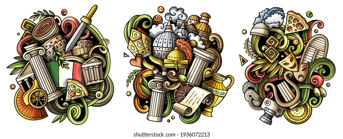 Rome cartoon vector doodle designs set. Colorful detailed compositions with lot of Italian objects and symbols. Isolated on white illustrations