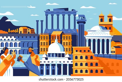 Rome city colorful flat design style. Cityscape with all famous buildings. Landmarks of Rome city composition for design. Travel and tourism background. Vector illustration