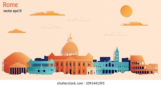 Rome city colorful paper cut style, vector stock illustration. Cityscape with all famous buildings. Skyline Rome city composition for design 