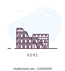 Rome city line style illustration. Colosseum famous landmark in Rome. Architecture city symbol of Italy. Outline building vector illustration. Sky with clouds on background. Travel and tourism banner.