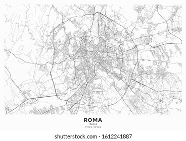 Rome city map poster. Detailed map of Rome (Italy). Transport system of the city. Includes properly grouped map features (water objects, railroads, roads etc).