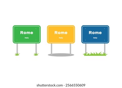 Rome city, road sign. Welcome to Rome, Italy. Rome city entering signpost. Billboard on the road. Vector illustration