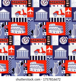 Rome city seamless decorative pattern design . Travel and tourism series.