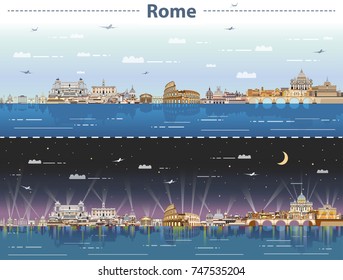 Rome city skyline at day and night vector illustration